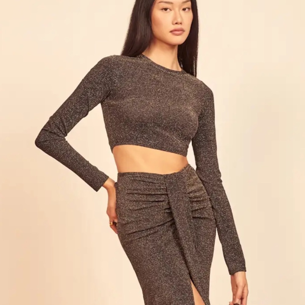 Reformation Zion shimmer long sleeve crop top extra small